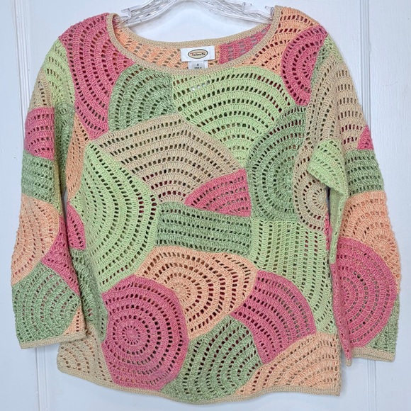 Talbots Crochet Sweater Spring Doily Patchwork Sherbet Multicolor Artsy Sz S - Picture 2 of 10